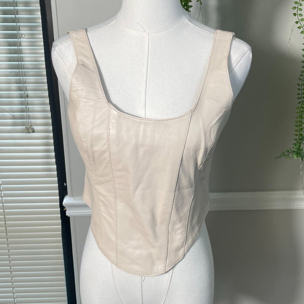 Sleeveless Leather Scoop-Neck Crop Top in Light Beige
